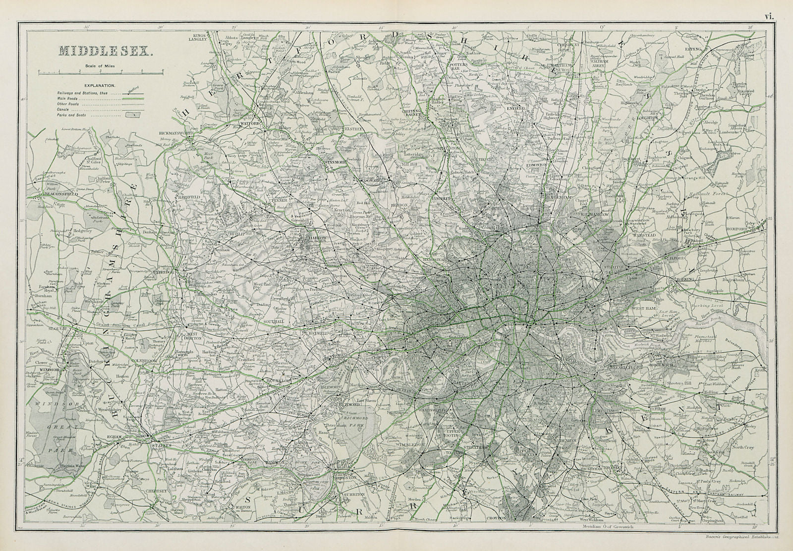 MIDDLESEX showing Parliamentary divisions,boroughs & parks.London.BACON 1913 map